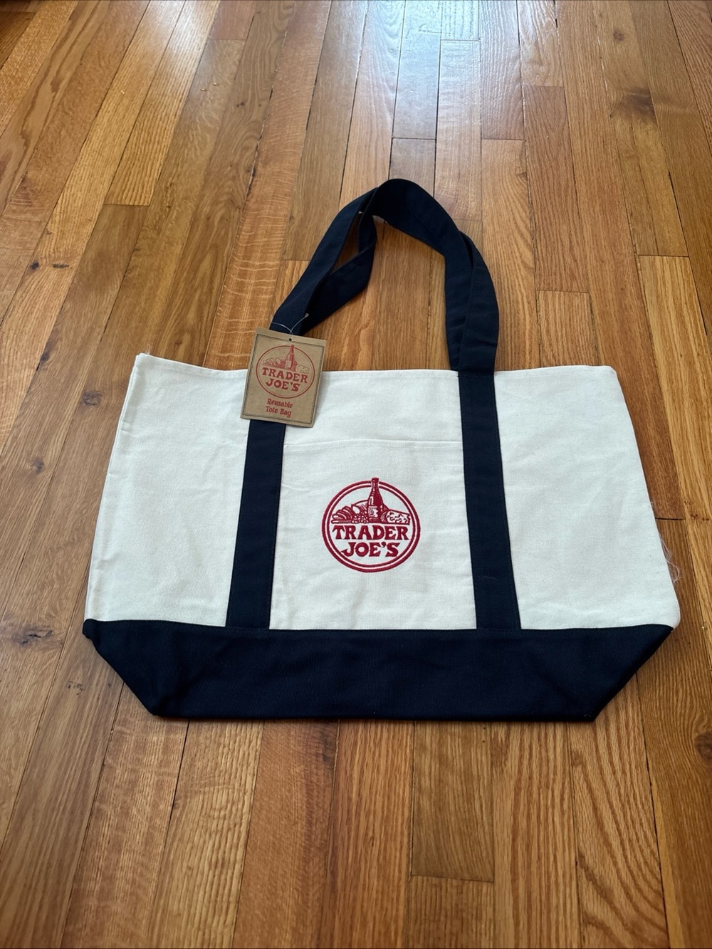 Trader Joe's Large Canvas Tote Bag Navy and cream color Classic